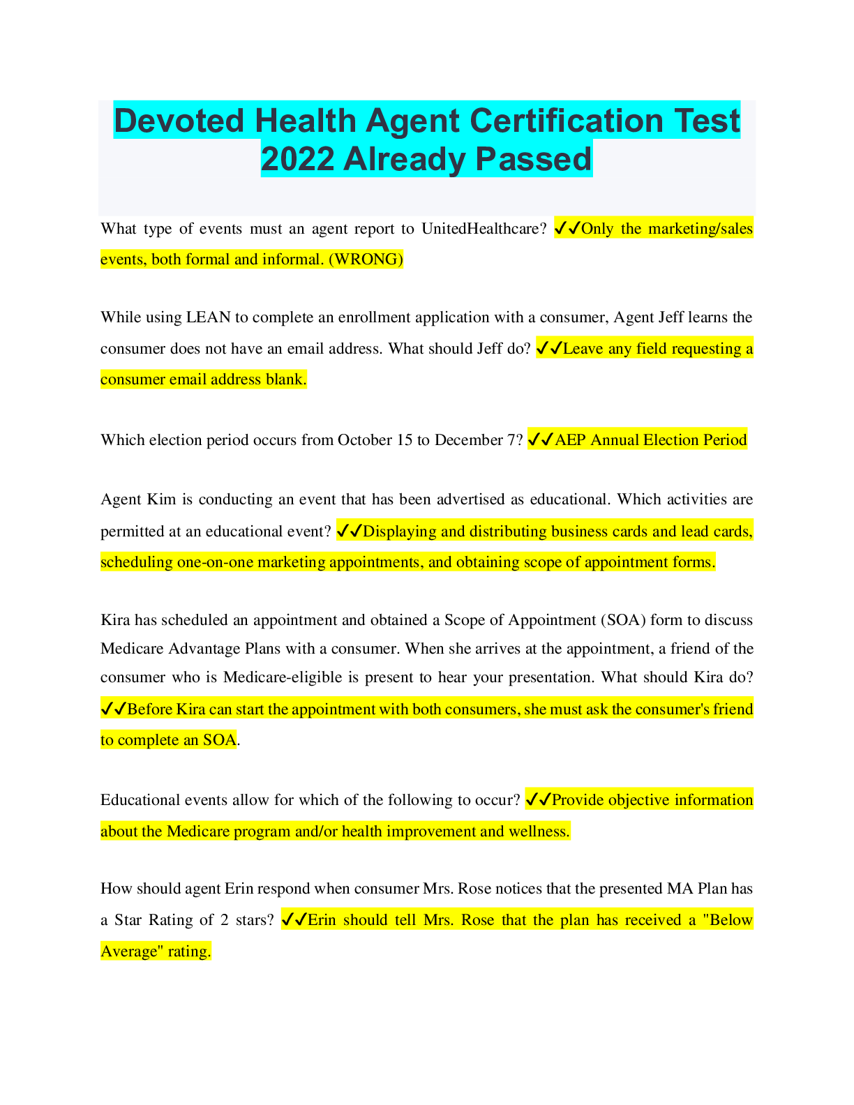 Preview image for Devoted Health Agent Certification Test 2022 Already Passed